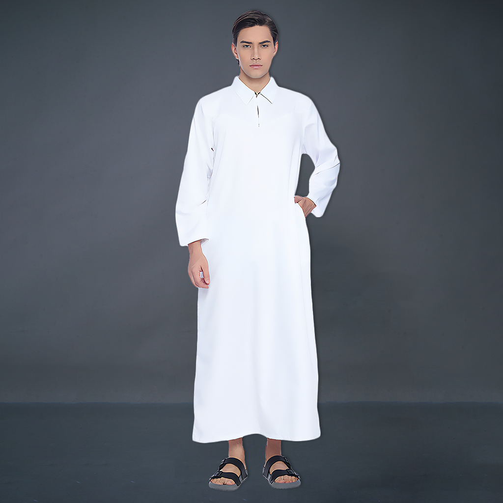 Kawan Muslim - Jubah Gamis Pria Kerah Kemeja Dewasa Model Resleting Warna Putih Premium Lengan Panja