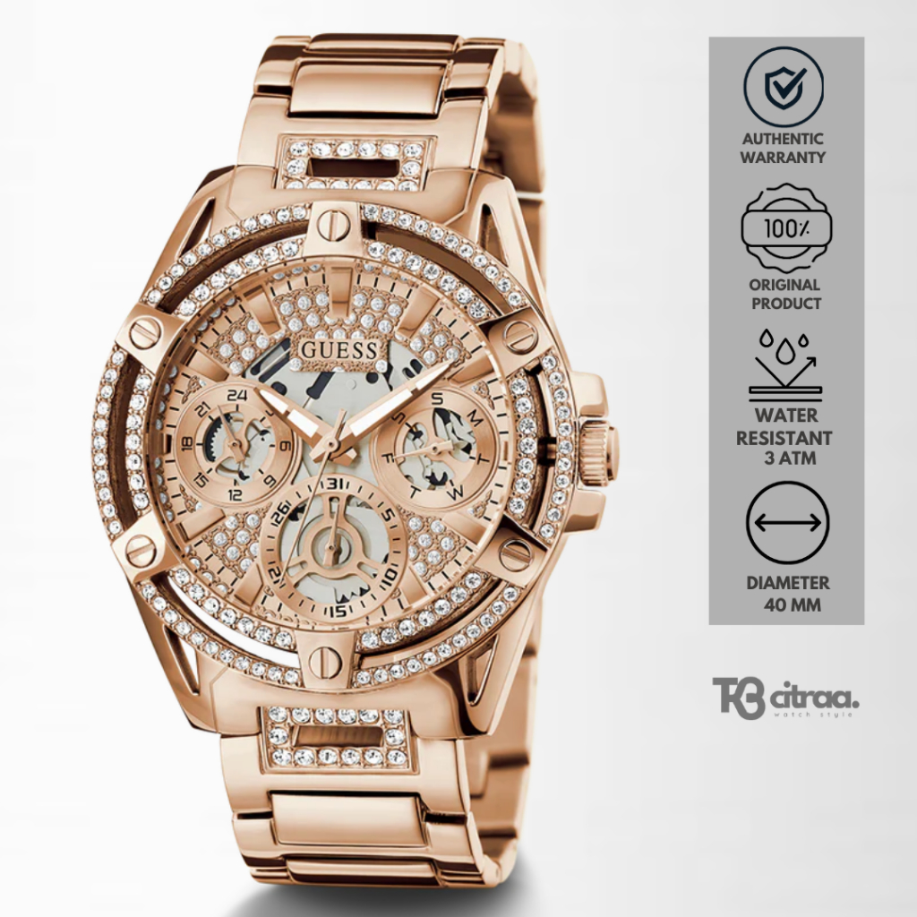 Jam Tangan Fashion Wanita Guess Queen Chronograph Ladies Rose Gold Stainless Steel Mewah Original GW