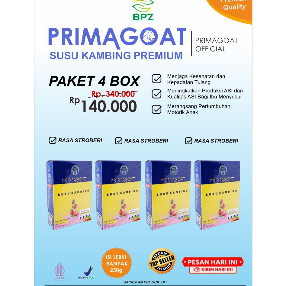 

Susu Kambing Etawa Primagoat Atasi Nyeri Sendi, Asam Urat dan Kesehatan Pernafasan rasa Stroberi 4 Box