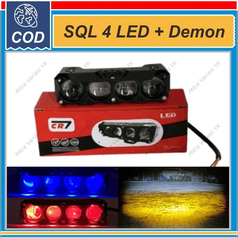 LAMPU TEMBAK LASER SQL 4 LED + DEMON D2 D3 LED 2 WARNA PUTIH KUNING FOKUS TERANG TEMBUS KABUT JAUH D