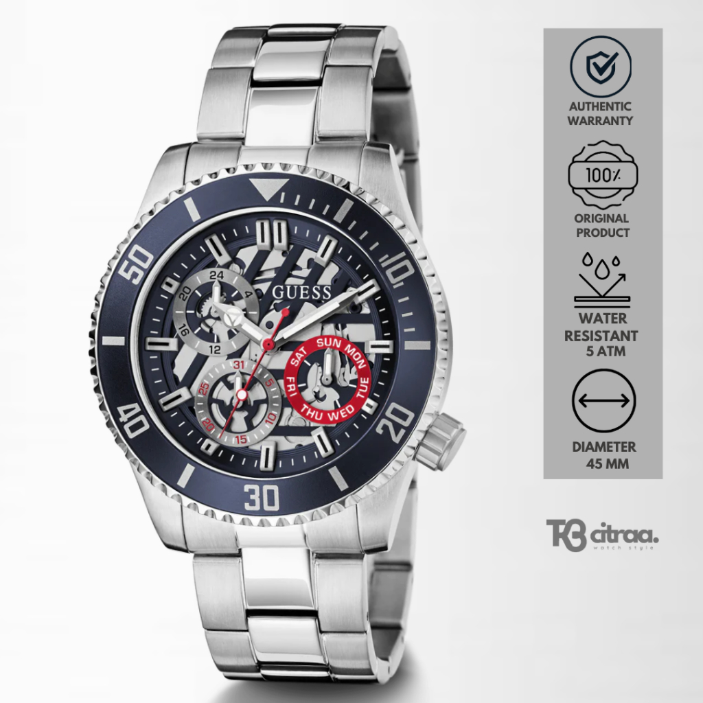 Jam Tangan Fashion Pria Guess Axle Chronograph Multicolor Dial Stainless Steel Silver Strap Sporty M