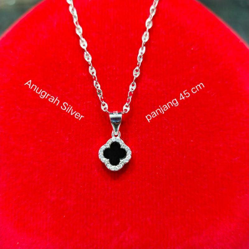 Kalung Toscano +Liontin Clover/bunga hitam atau kalung biji timun perak asli 925 mata putih keliling