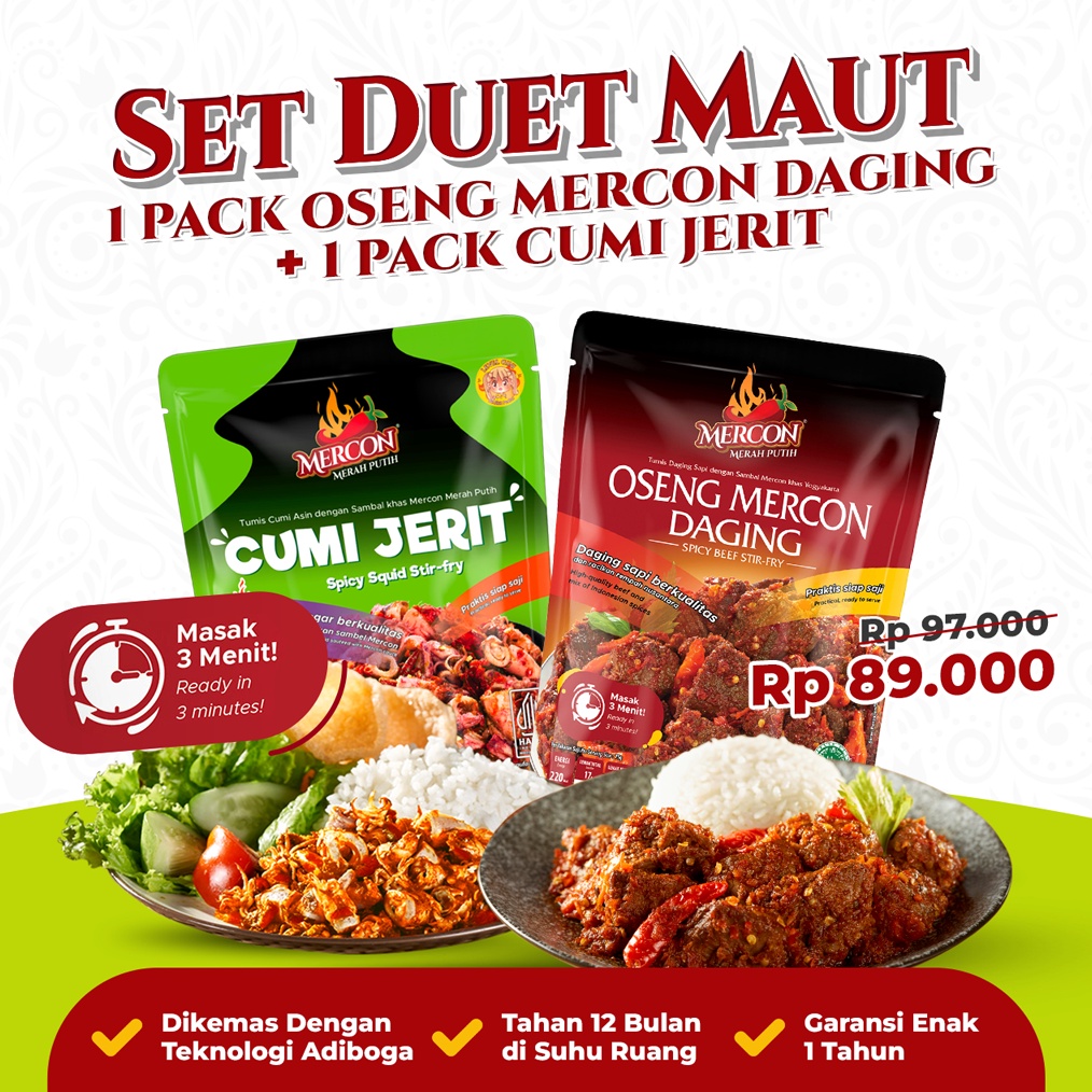 

Terlaris Special Edition Mercon Merah Putih Set Duet Maut Oseng Mercon Daging Cumi Jerit Sambal Mercon