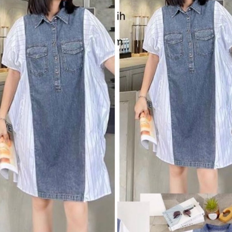 Terlaku DRESS KOMBINASI DENIM  DRESS WANITA KOREA KATUN KOMBINASI DENIM 982