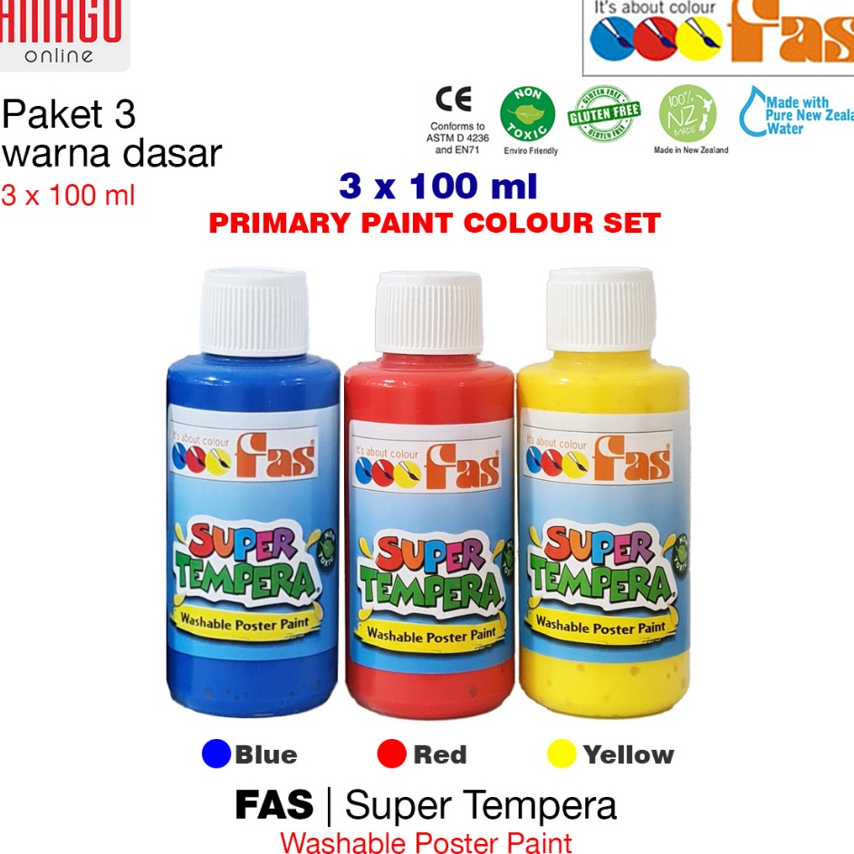 

Baru FAS Super Tempera Primary Colour Set Cat Lukis Sekolah Paket 3 Warna dasar Yellow Blue Red 3x1 ml