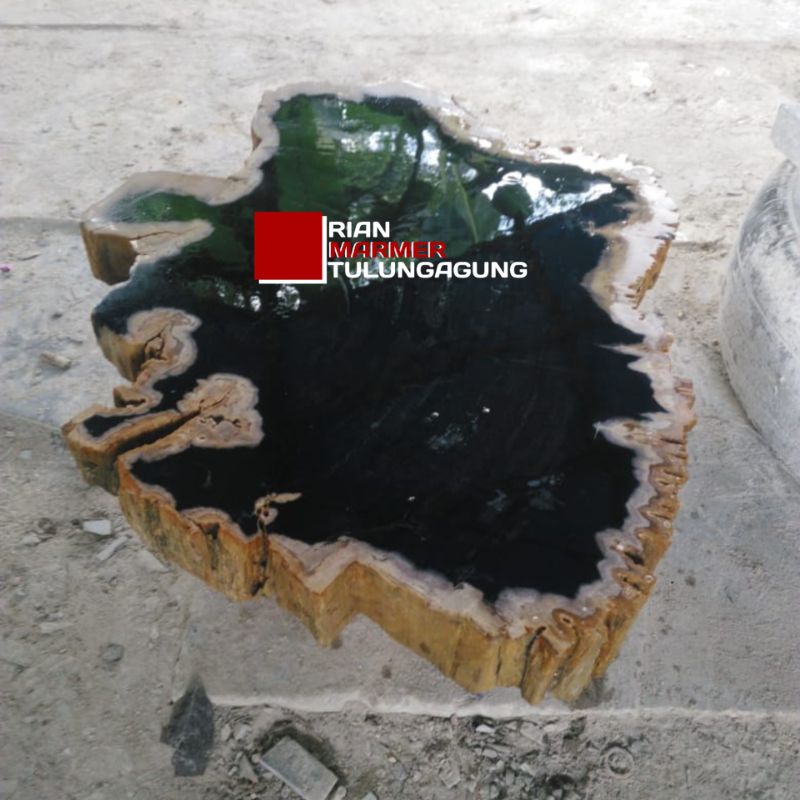 Top table Fosil Kayu Full Hitam coklat Finishing Glossy