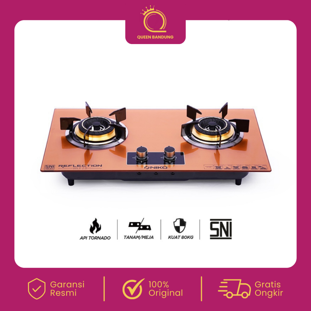 NIKO Kompor Gas Kaca 2 Tungku Reflection Gold 2.0 Kompor Gas Tanam