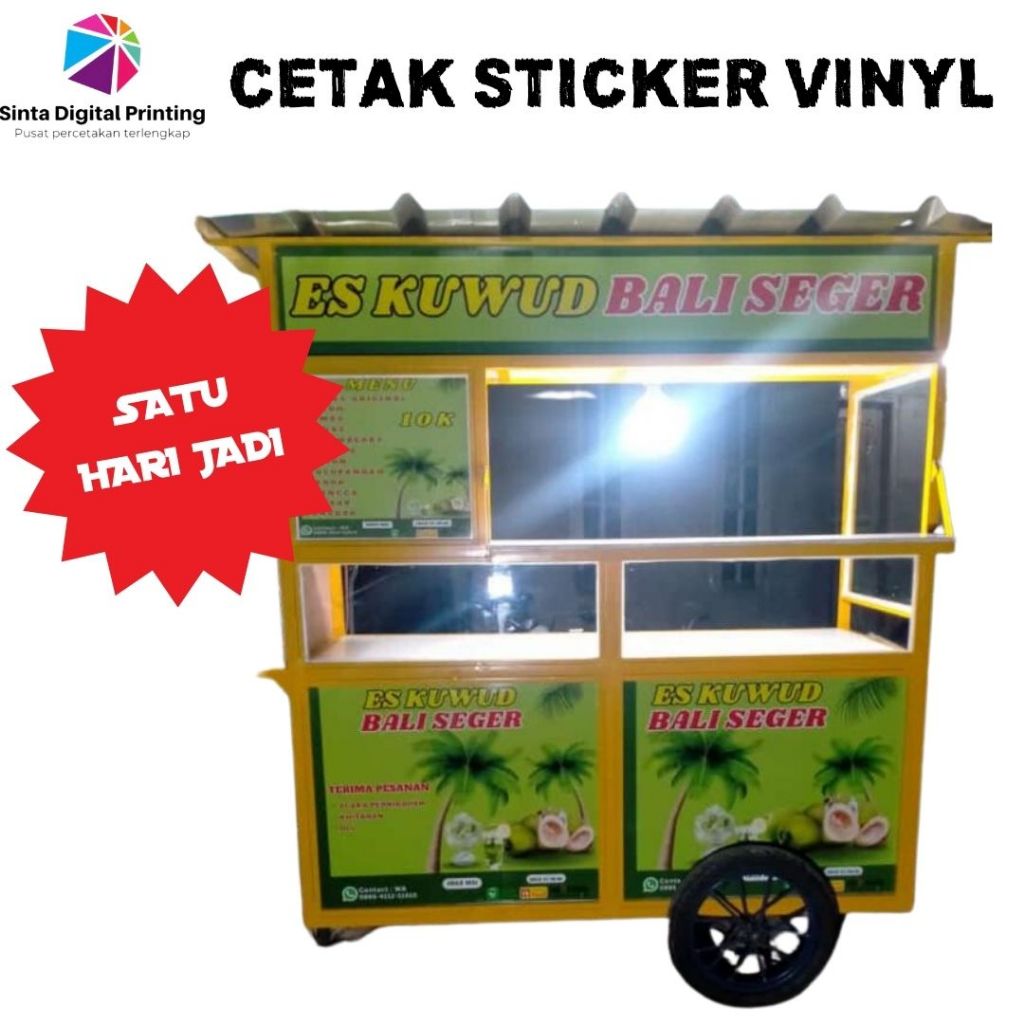 Cetak Sticker Vinyl Gerobak Dorong Meja Etalase Kaac Booth Portable Murah