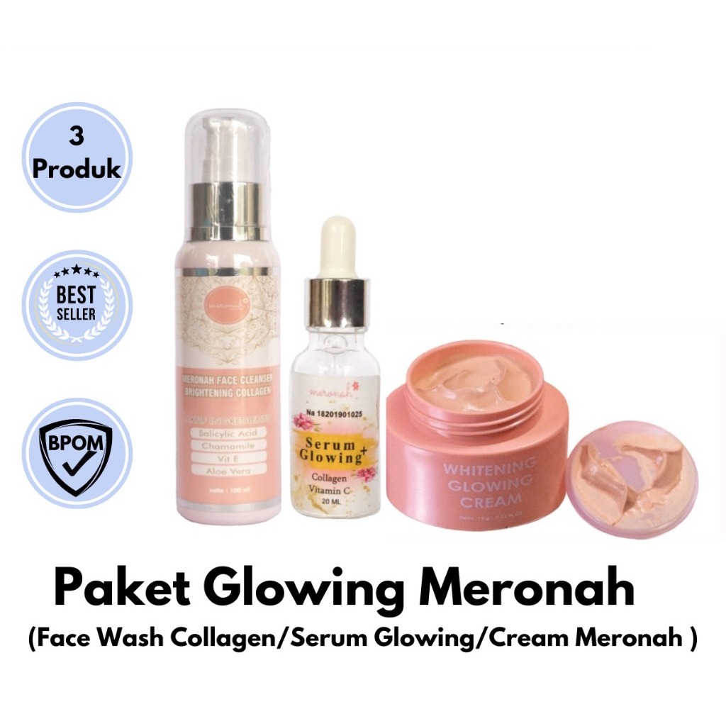 Meronah Paket Glowing Mencerahkan Kulit Wajah / Cream 2in1 / Face Wash Collagen / Serum Glowing