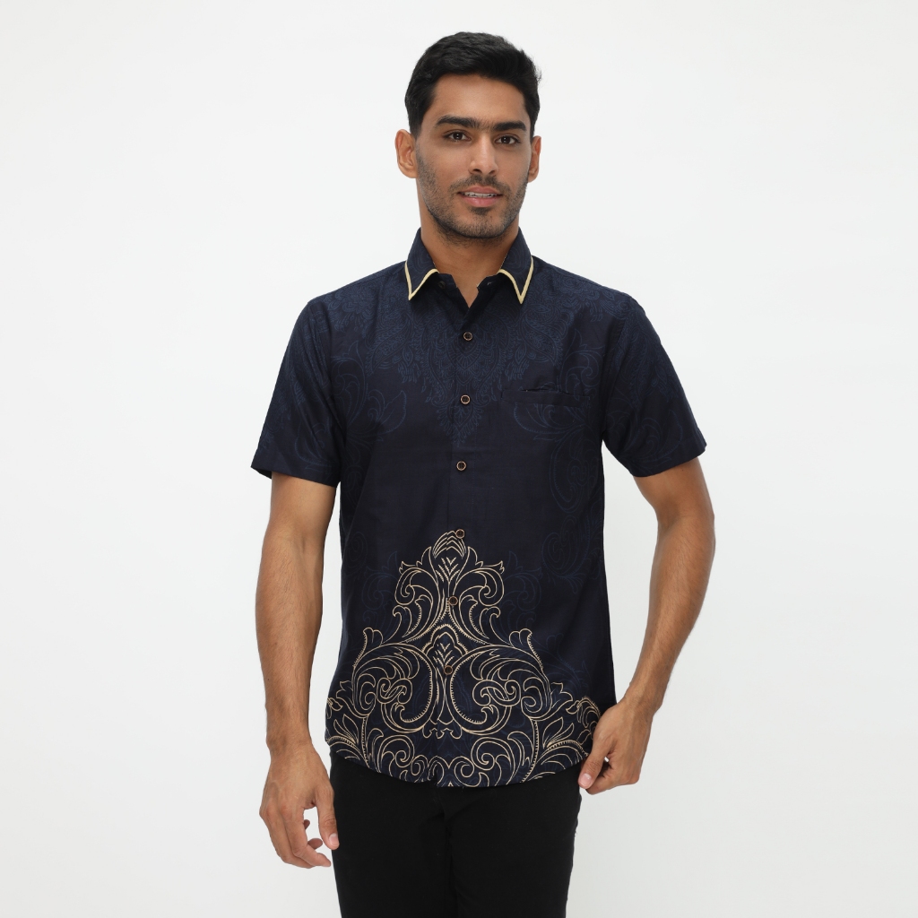 LUIGI RICCIO Kemeja Batik Pria Lengan Pendek Fashion Formal Kerja Kantoran Navy Series Premium Quali