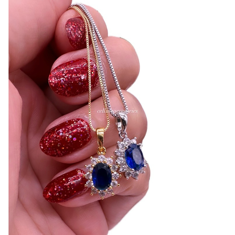kalung anting+liontin biru saphire lady diana lapis emas anti karat anti alergi DiamondLooks