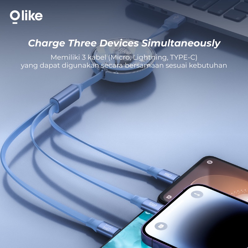 OLIKE D104 KABEL CHARGE DATA 3IN1 66W FAST CHARGING MICRO IPHONE TYPEC - GARANSI 1 TAHUN