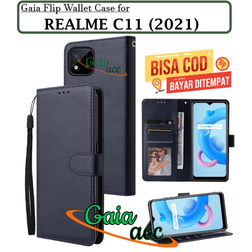 Casing REALME C11 2021 model flip buka tutup case kulit ada tempat foto dan kartu juga tali hp flip 
