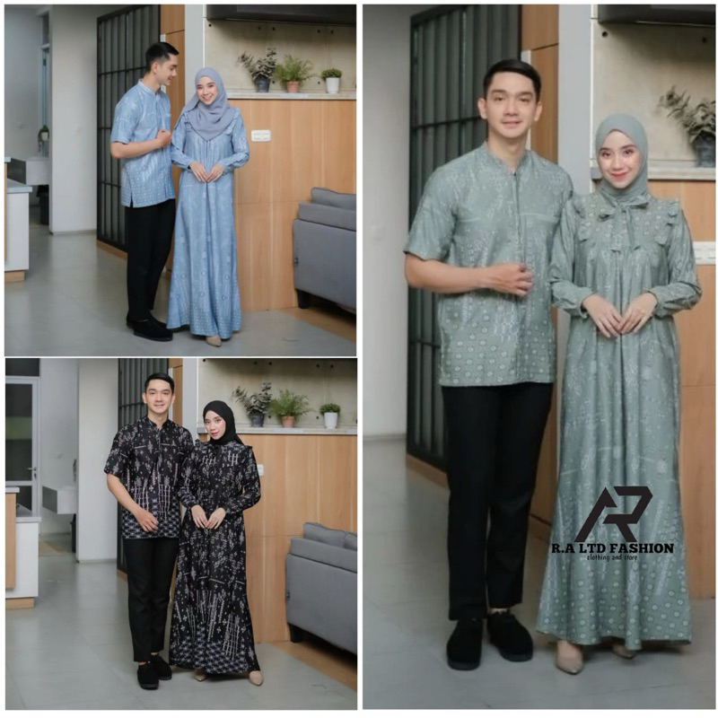 Couple Baju Muslim Pasangan Gamis Dan Kemeja Pria Kondangan Kekinian Bahan Silk Dress Tali Leher Bus