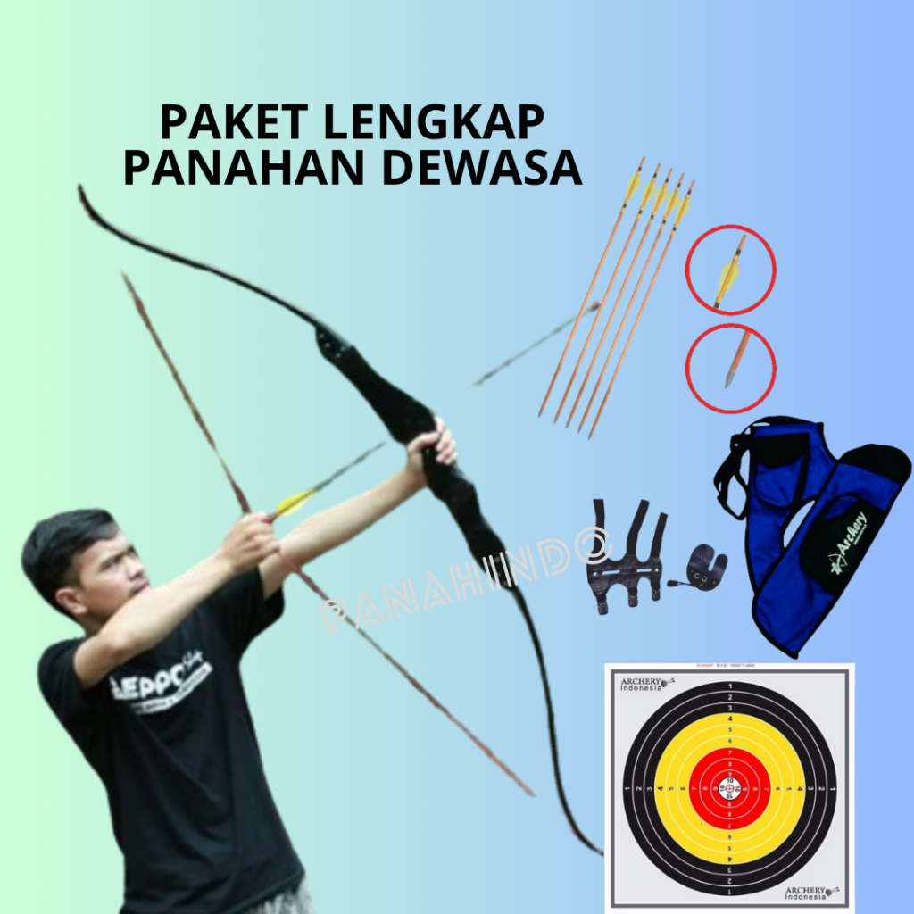 PANAHINDO - Paket Lengkap Panahan R60 Black Dewasa Full Set Standar Tradisional Profesional Untuk La