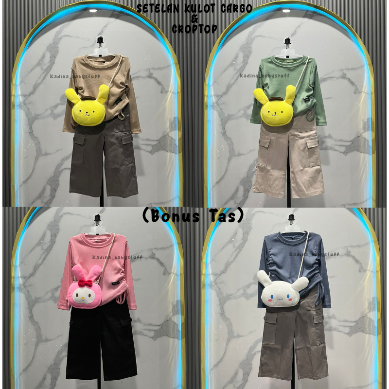 Setelan kaos crop serut rib knit anak perempuan (gratis boneka) / celana kulot cargo anak 2-12 tahun