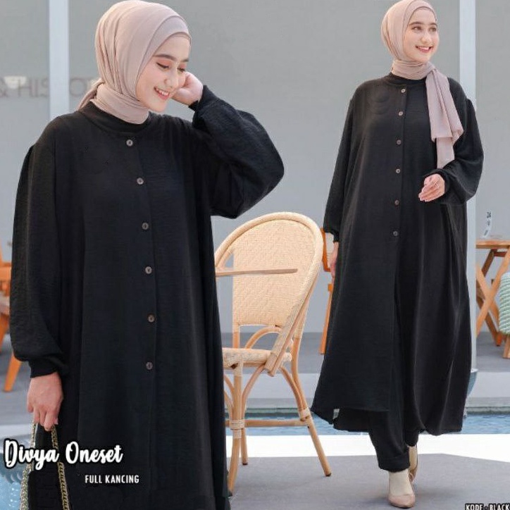 Setelan Wanita Bahan Rayon Polos Fashion Muslim Kancing Depan