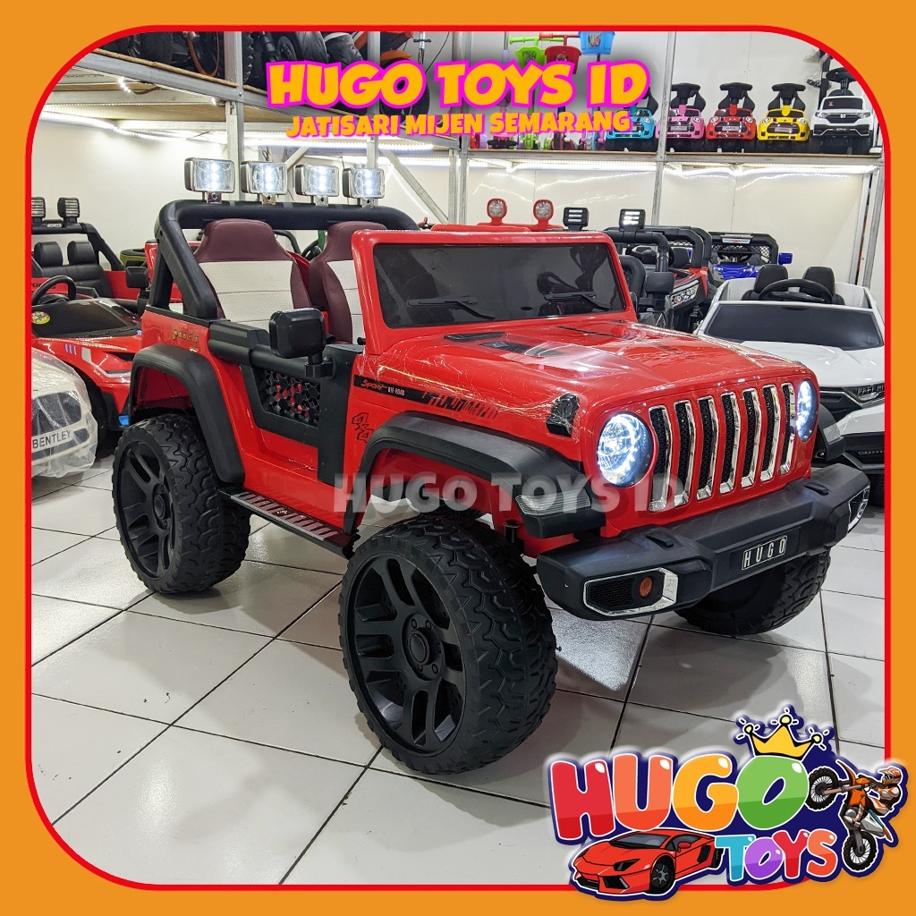 Mobil Aki Anak Jeep Rubicon Ban Karet Jumbo 4WD Bisa 2 Anak Jok Kulit Original Pacific SNI Hugo Toys