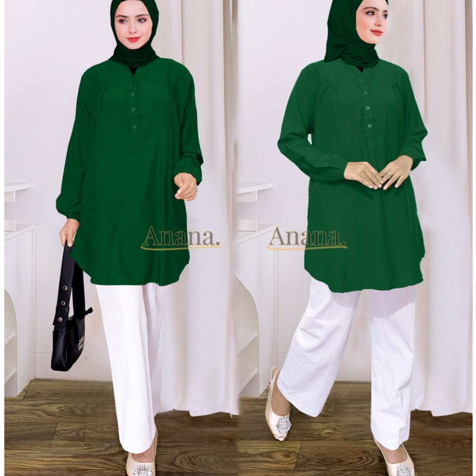 Baju Kemeja Blouse Wanita Dewasa Remaja Busana Muslim Hijau Botol