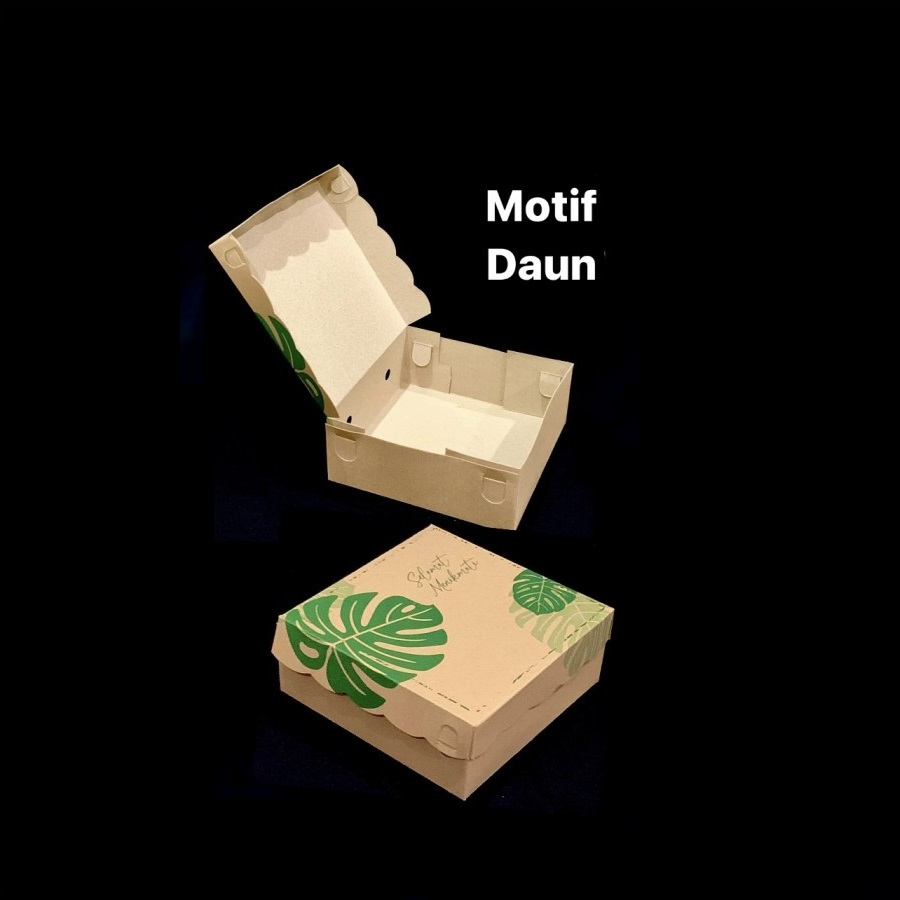 (10 Pcs) Kotak Snack Catering Box Donat Kue Dus Nasi Sayur Packaging Motif Daun Hijau Size 22x22x7