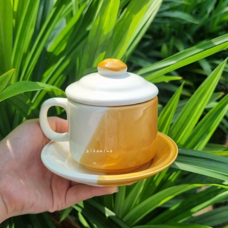 asad CANGKIR TATAK KERAMIK + TUTUP TWO TONE Cangkir Keramik Cantik Cangkir Keramik Murah Cangkir