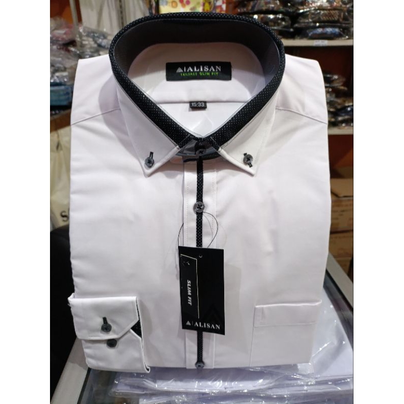 ALISAN KEMEJA PUTIH PANJANG KOMBINASI HITAM SLIM FIT