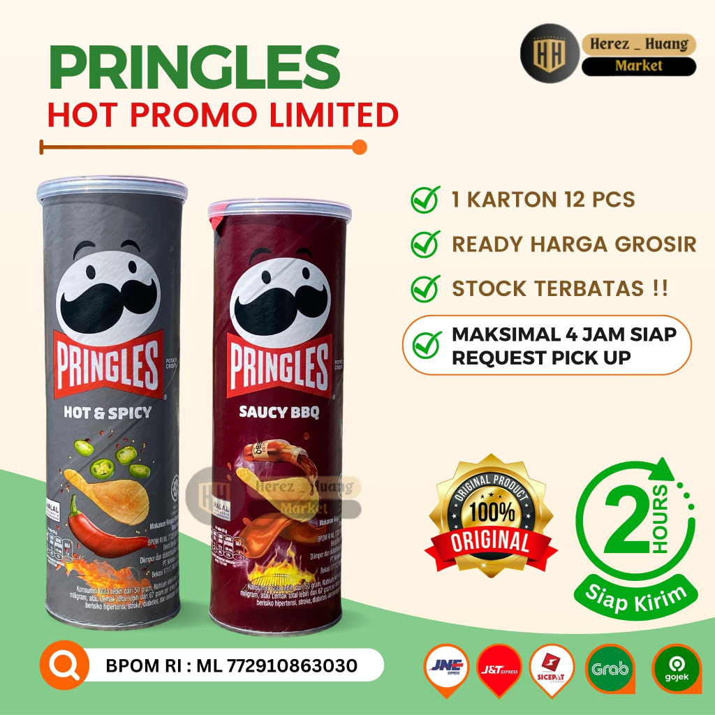 

Pringles 107 gr Potato Chips LIMITED PROMO Makanan Ringan Pringless Rasa BBQ, Hot & Spicy