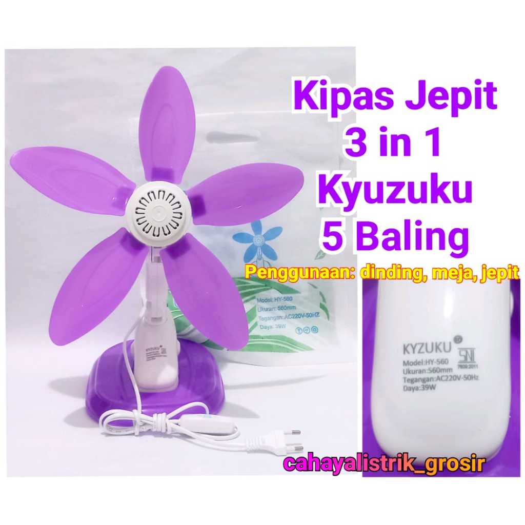 KYZUKU Kipas Angin Mini Fan Jepit-Dinding-Duduk 5 Baling 39watt Kyzuku Ungu Angin Kencang