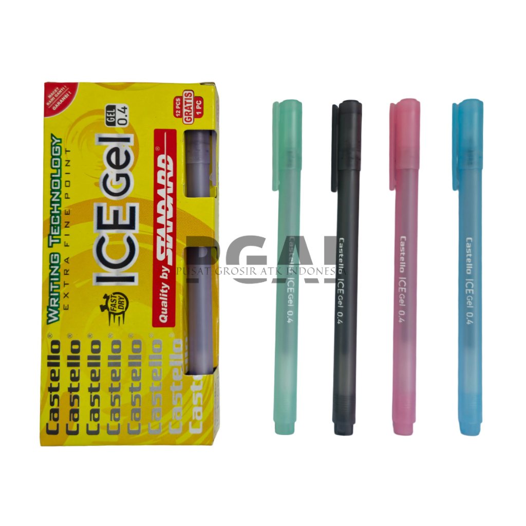 

BOLPOIN PULPEN PENA JEL GEL PEN STANDARD CASTELLO ICE GEL 0.4 MM 1 PACK ISI 12 PCS BONUS 1 PCS