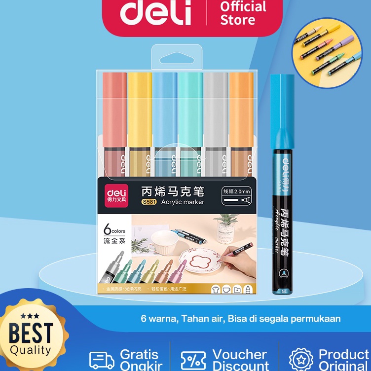 

Deli Acrylic Marker Spidol Akrilik Papan Tulis Kaca 6 Warna Pastel atau Metalik Anti Air S58X