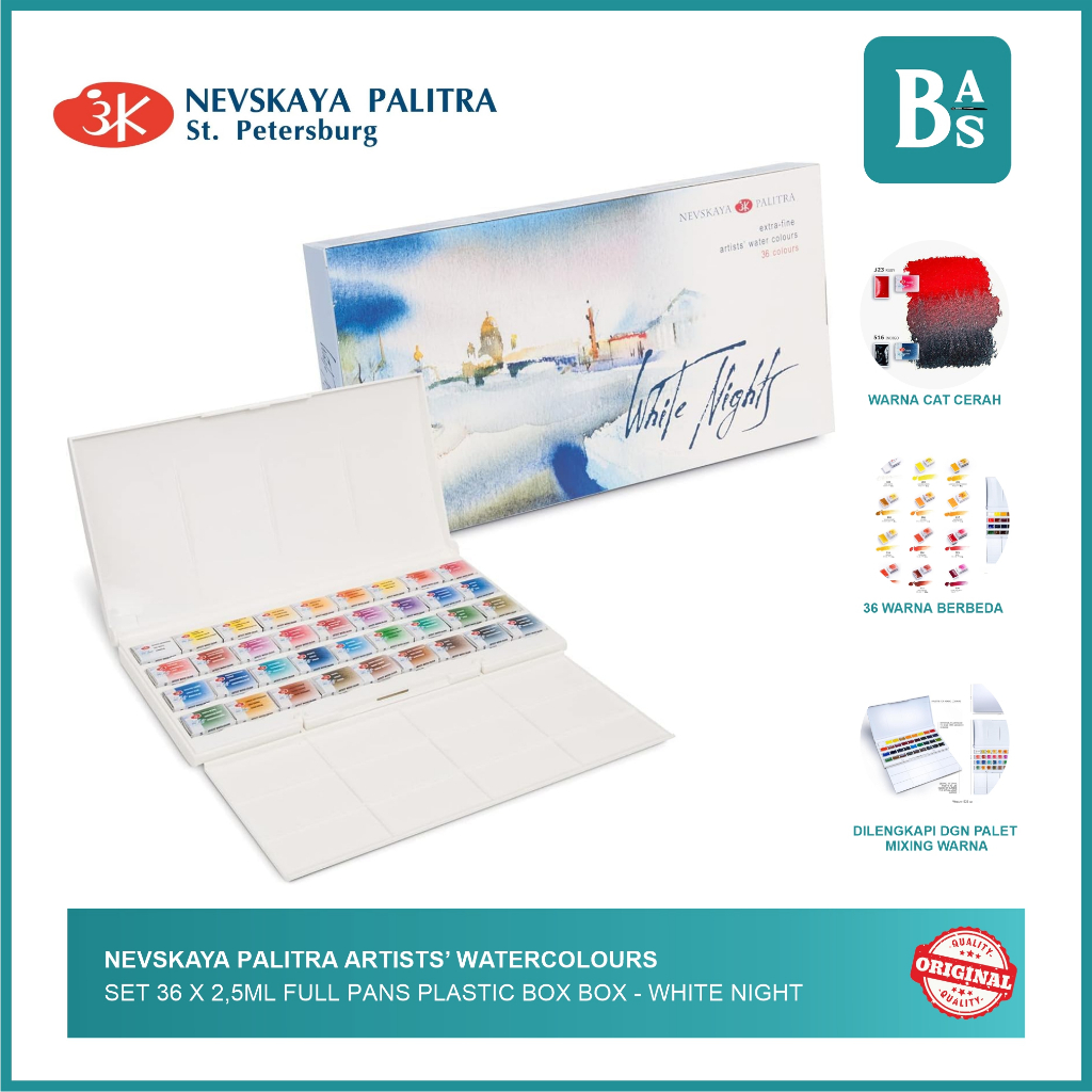 

Nevskaya Palitra Artists’ Watercolours Set 36 x 2,5ml Full Pans Plastic Box box - White Night