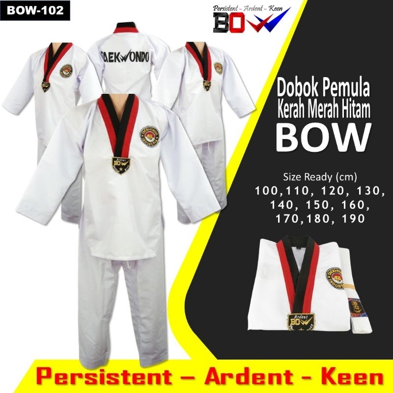 Dobok Pemula Seragam taekwondo kerah merah hitam poom BOW bet bordir