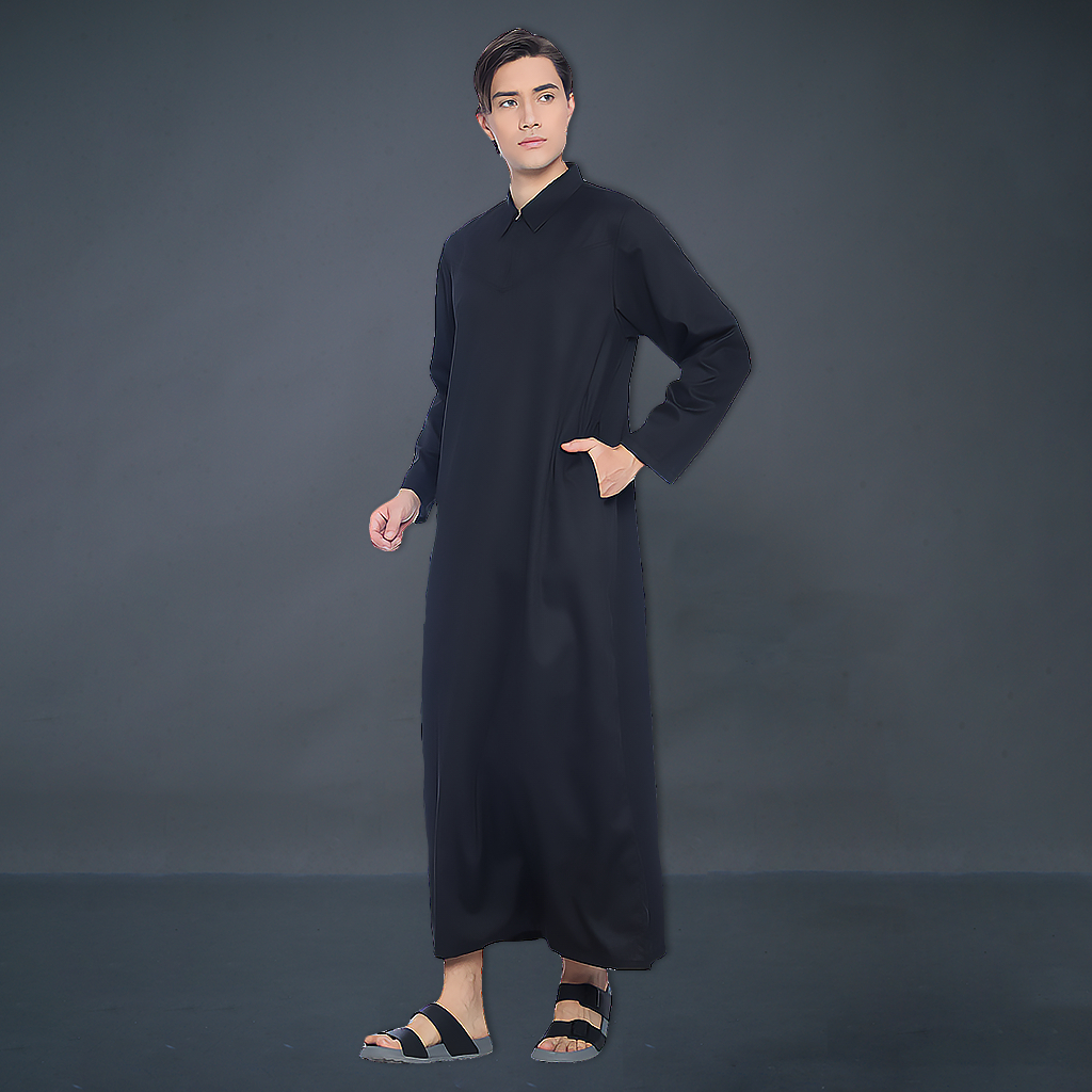 Kawan Muslim - Jubah Gamis Pria Dewasa Lengan Panjang Premium Bahan Adem Warna Abu Abu-HITAM