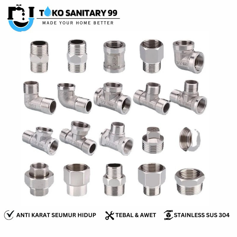 Sambungan Kran Stainless Nepel Tee Shower Kloset Sok | Tee Drat Dalam | Tee Shower 1 drat Luar 2 Dra