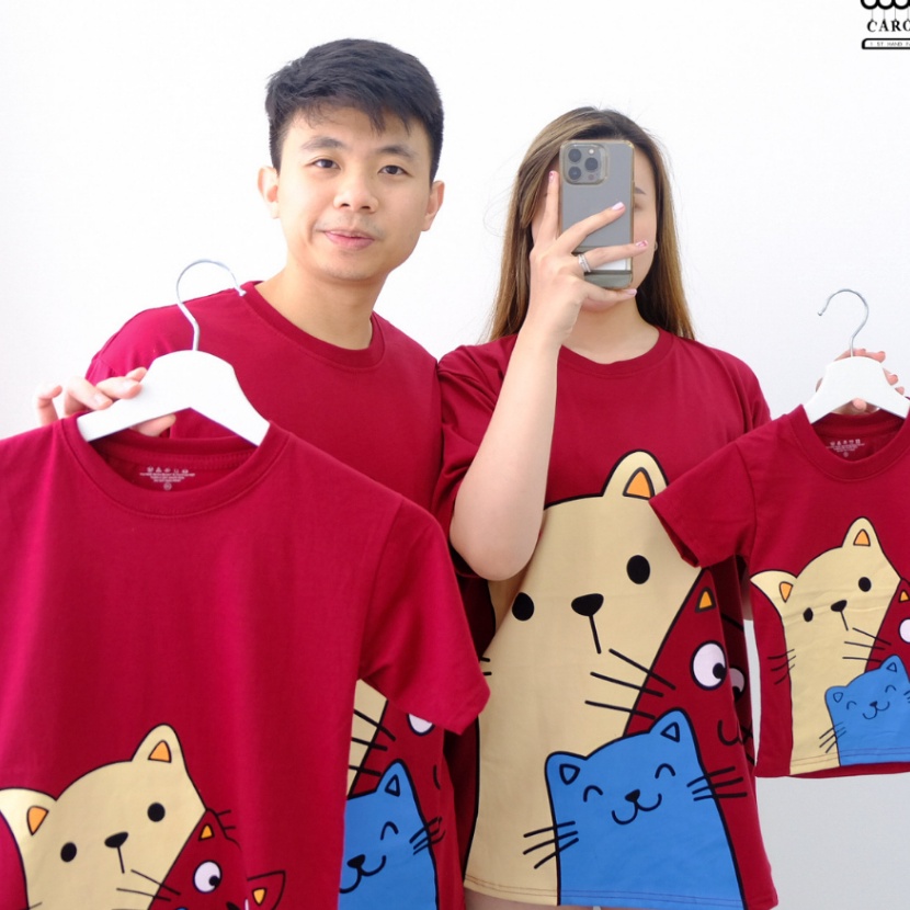 Kilat CAROTYLES Baju Kaos Couple Keluarga Motif CATS Wanita Atasan Lengan Pendek Katun Cauple Cople 