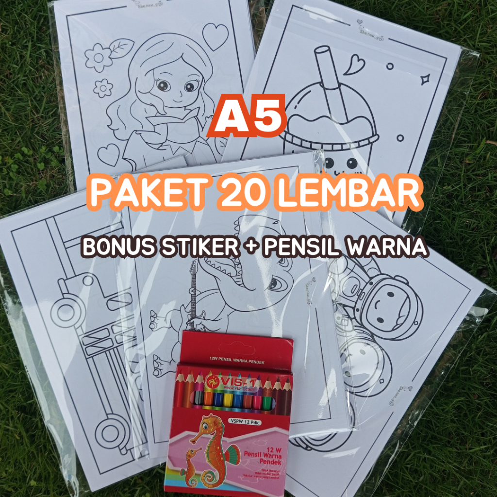 

20 Lembar Gambar Mewarnai | Kertas Mewarnai Anak TK-SD ukuran A5 HVS | Kertas Gambar Mewarnai