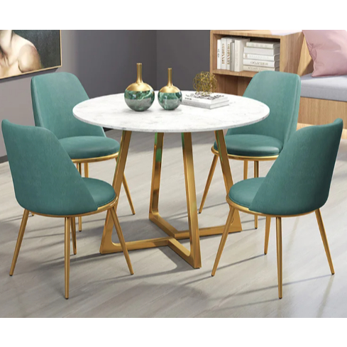 Meja Makan Marmer Bulat 4 Kursi, Set Meja Makan Marmer Besi Minimalis