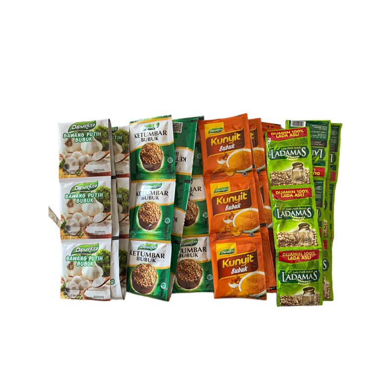 

Bumbu dapur bawang putih bubuk, ketumbar bubuk, kunyit bubuk, dan merica bubuk