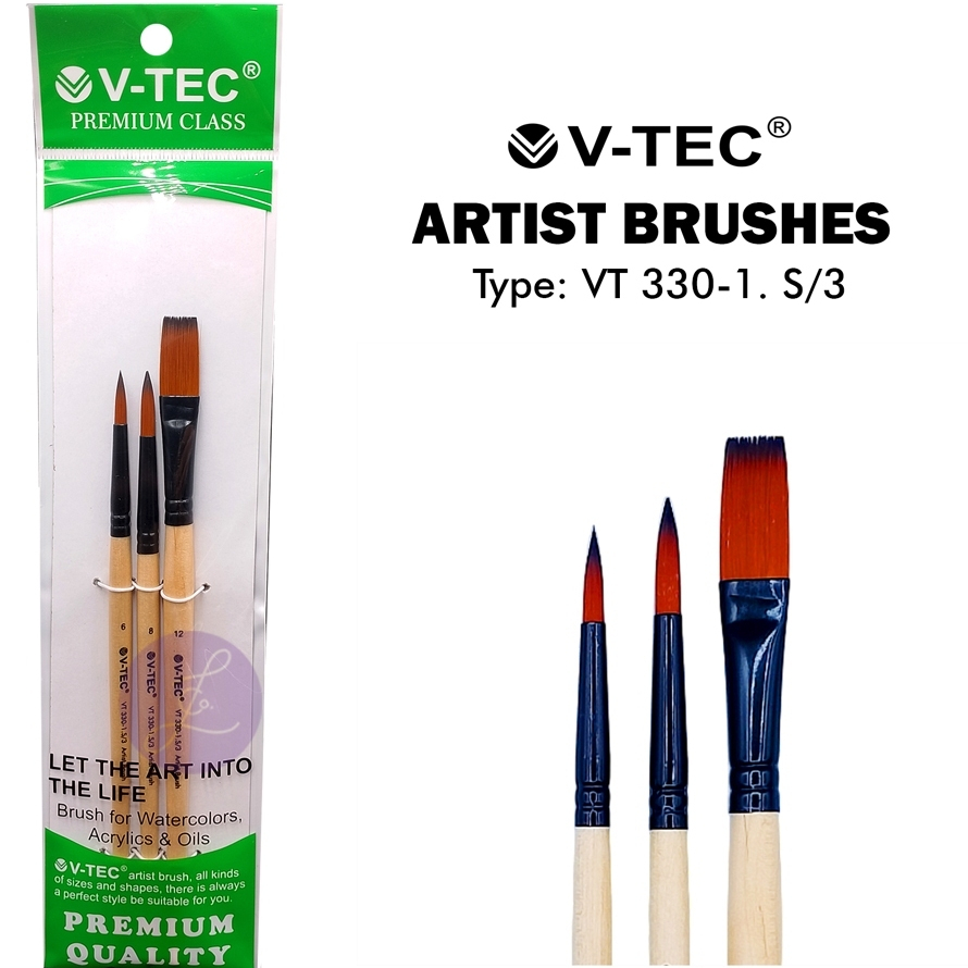 

V-TEC ARTIST BRUSHES TYPE VT 330-1.S/3 NO. 8, 6, 12 - KUAS LUKIS SET ISI 3 PCS