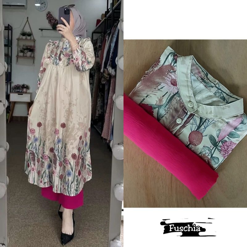 set long tunik roseyana/oneset/setelan  baju muslim panjang bahan rayon motif bunga