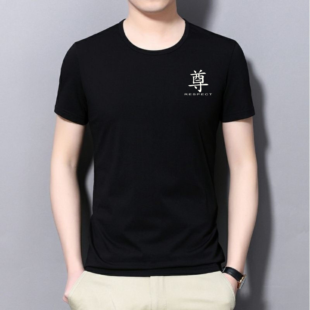 Baju Kaos Pria RESPECT Tulisan Jepang Hitam - Kaos Pria Lengan Pendek - Kaos Pria Simple Keren Katun