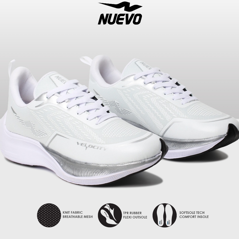 Penawaran Terbaik NUEVO  Sepatu Running Nuevo Velocity Putih Silver Olahraga Jogging Lari Pria