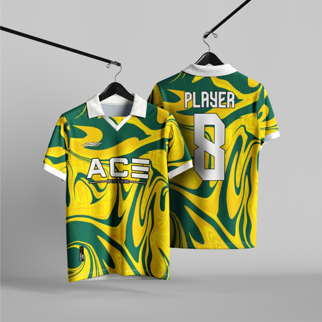 Jersey Bola Futsal Custom Full Print Kuning Hijau Free Request Nama Nomor Logo Jerset Setelan Kerah