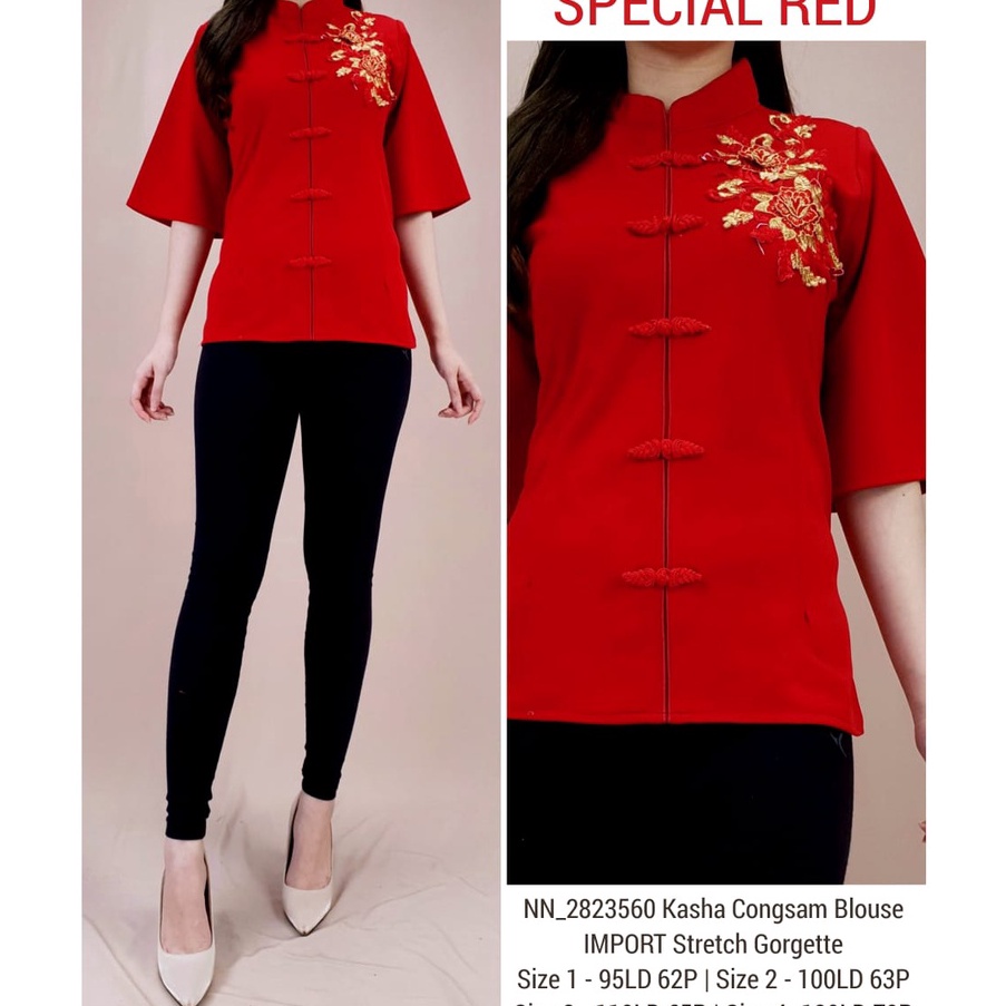 Segera Nantikan  SPECIAL RED BLOUSE CHEONGSAM BRITNEY STRETCH GEORGETTE PREMIUM LUNAR NEW YEAR EDITI