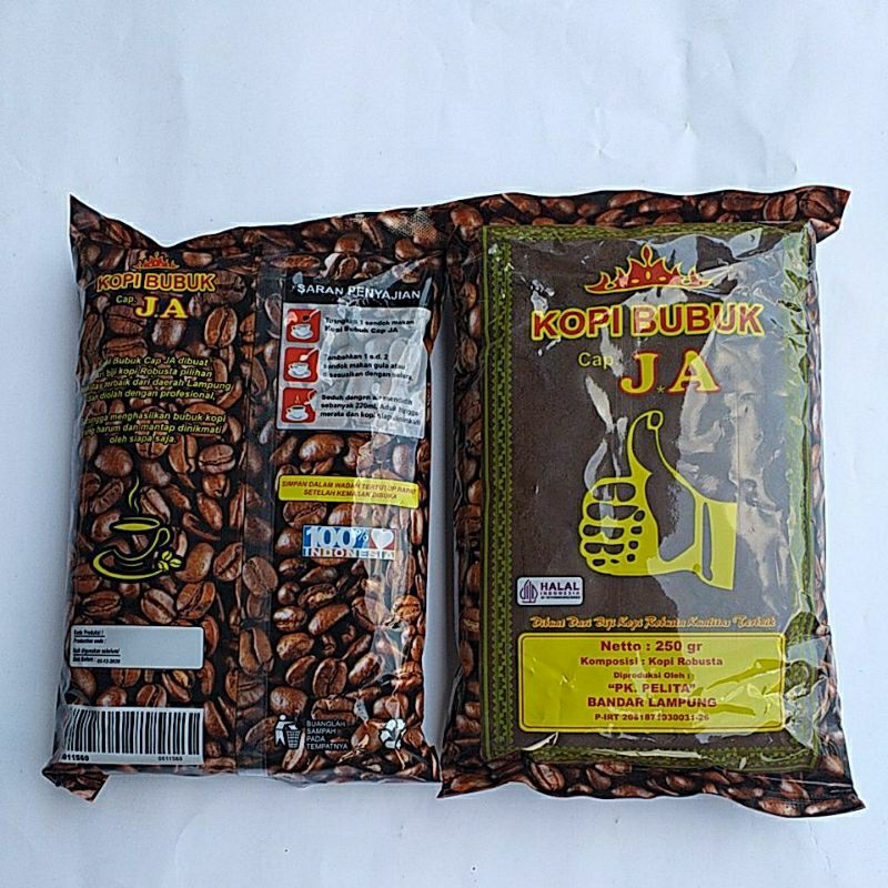 

kopi bubuk cap J A.kopi jempol kwalitas no 1.jempol cap j a kopi halal.netto 250gr