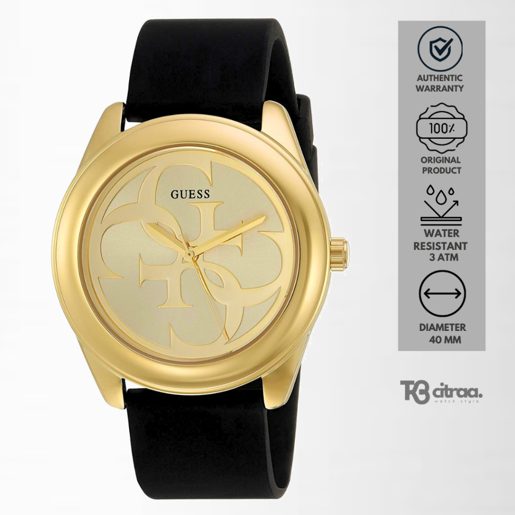 jam tangan fashion wanita guess analog strap rubber silicone G Twist Black Gold water resistant casu