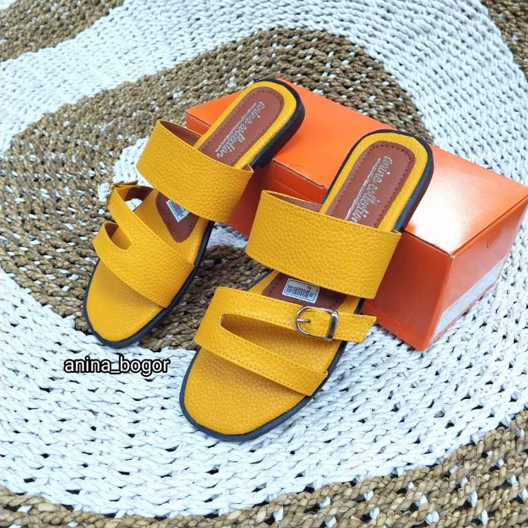 Sandal selop teplek wanita terbaru/sandal selop teplek tali gesfer motif bahan kulit jeruk