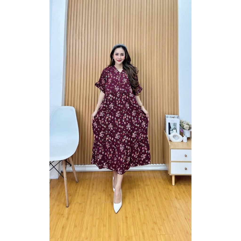 Daster Lengan Pendek  Lily Dress Resleting Depan Busui Tali Samping Kanan Kiri