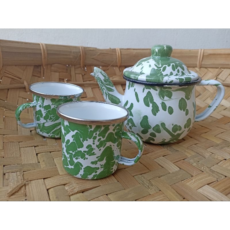 Ceret Teko Set Blirik Hijau Kecil  500 ml Mug Kecil 120 ml 2 pcs Timbangan Enamel