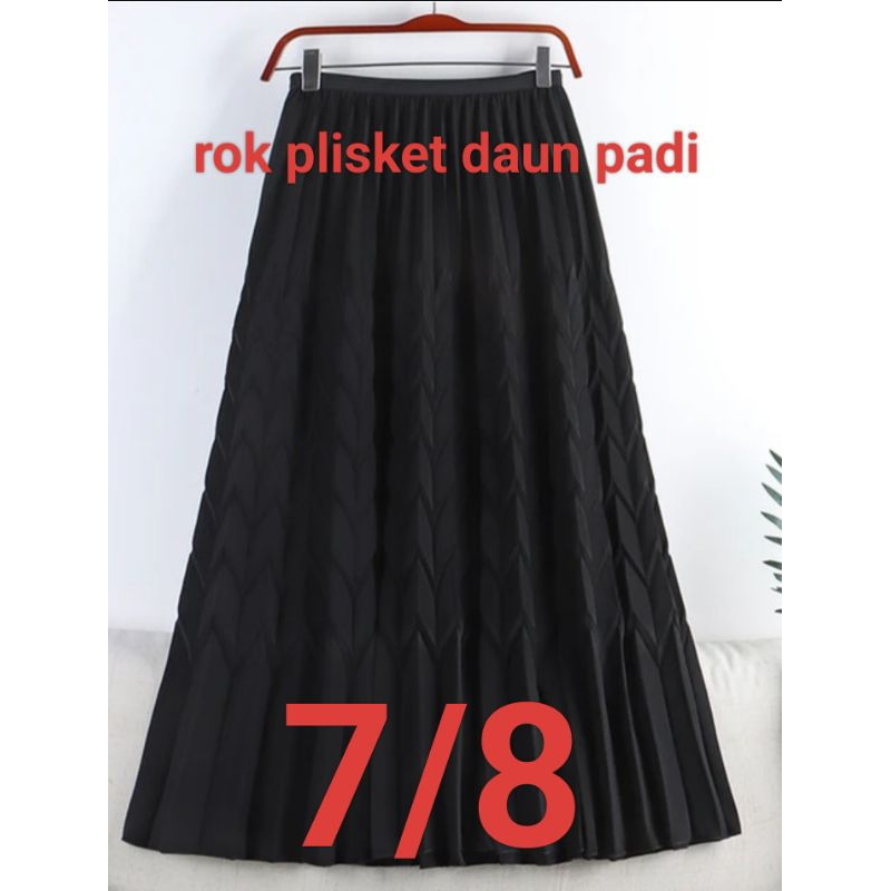 rok plisket daun padi midi 7/8 rok plisket premium panjang 75cm rok hitam putih Karet Nyaman Motif